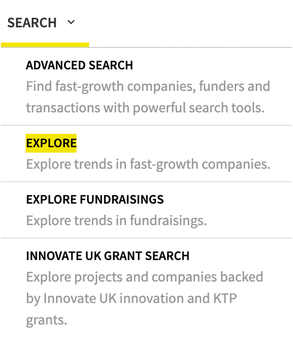 Beauhurst explore page in drop down menu