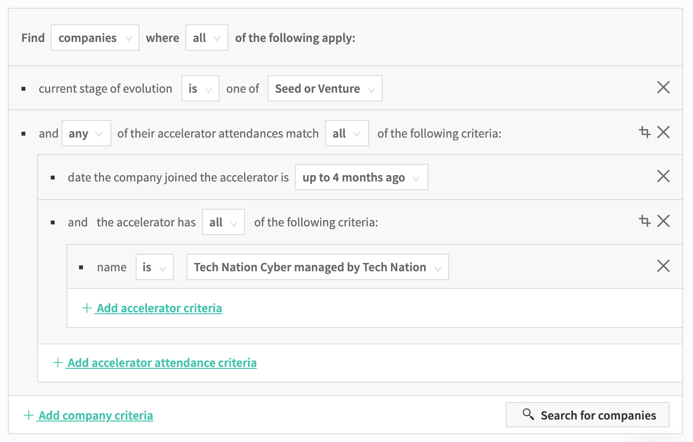 Beauhurst search over companies that are nearing the end of an accelerator programme