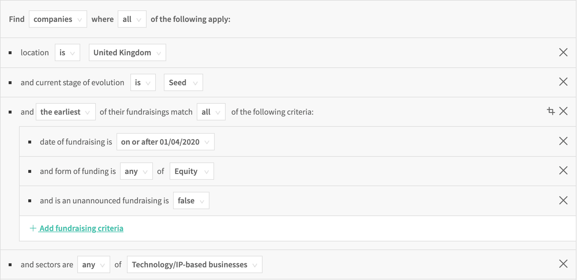 Beauhurst Advanced Search, highlighting how to find seed stage tech companies