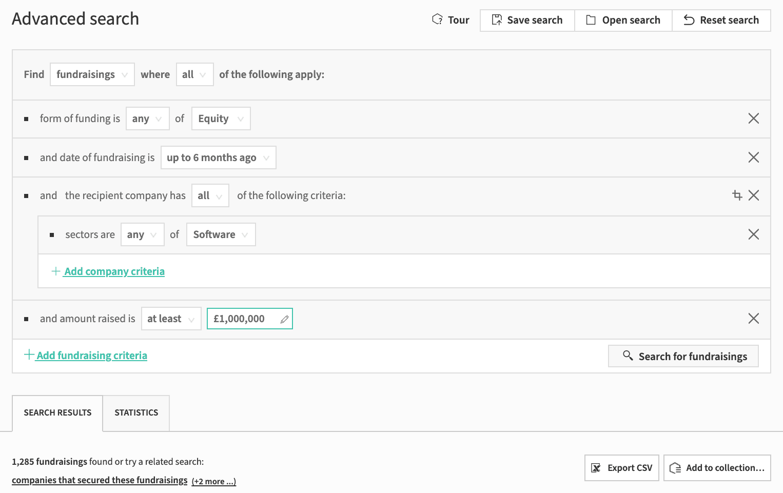 Beauhurst's Advanced Search tool, filtering deal data
