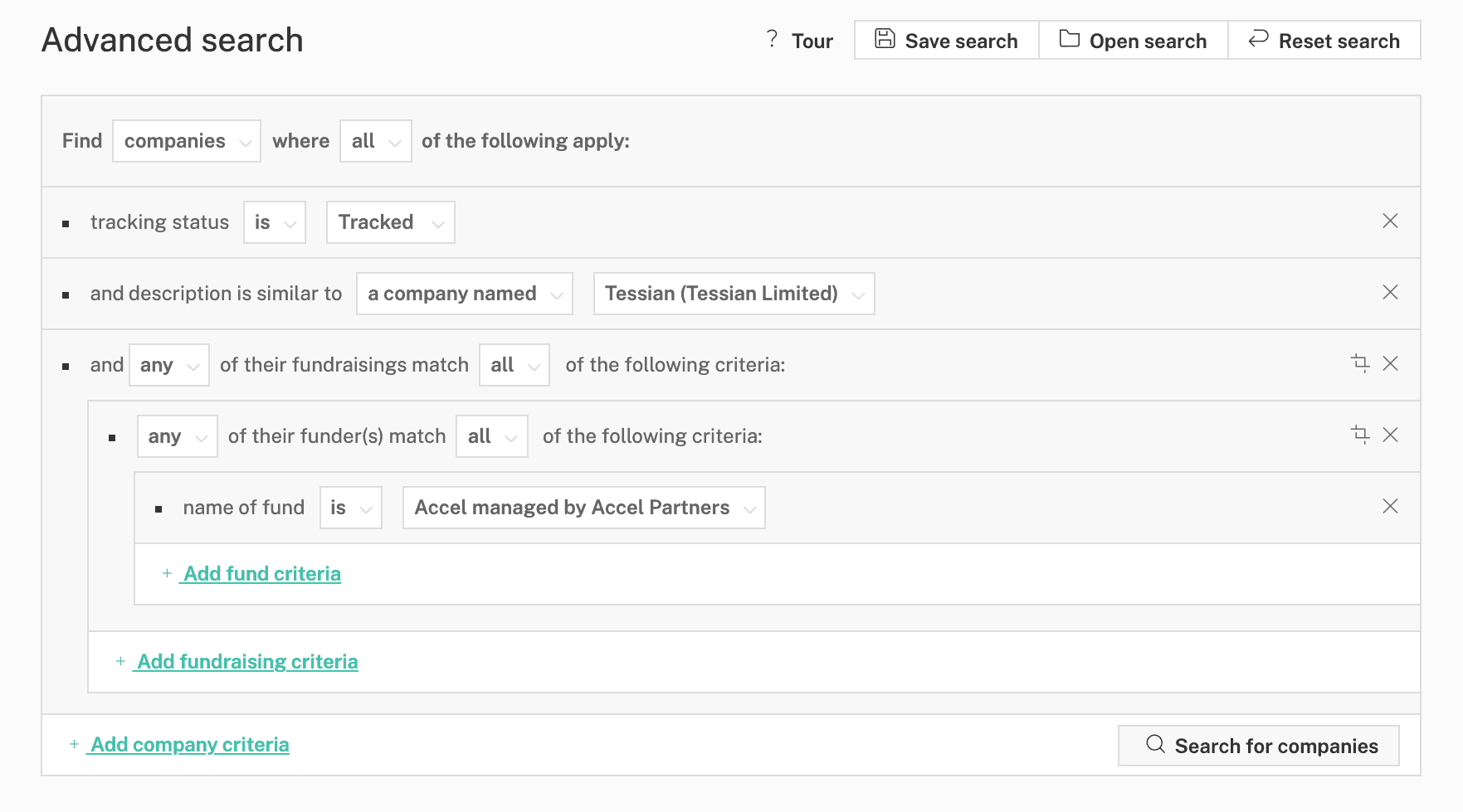 Advanced Search filters on the Beauhurst platform: companies similar to Tessian, backed by Accel