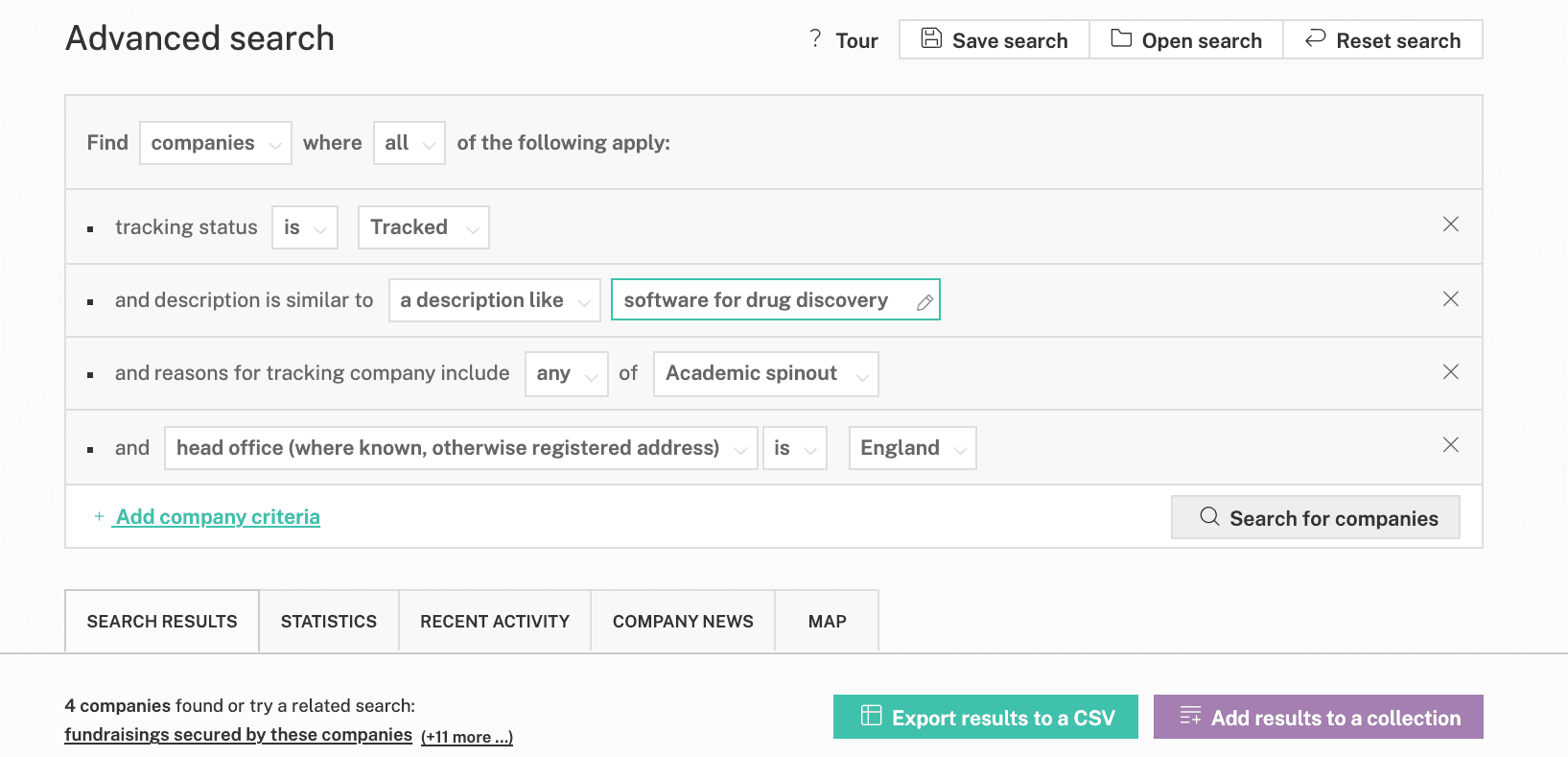 Advanced Search filters on the Beauhurst platform: similar description to "software for drug discovery" and academic spinout in England