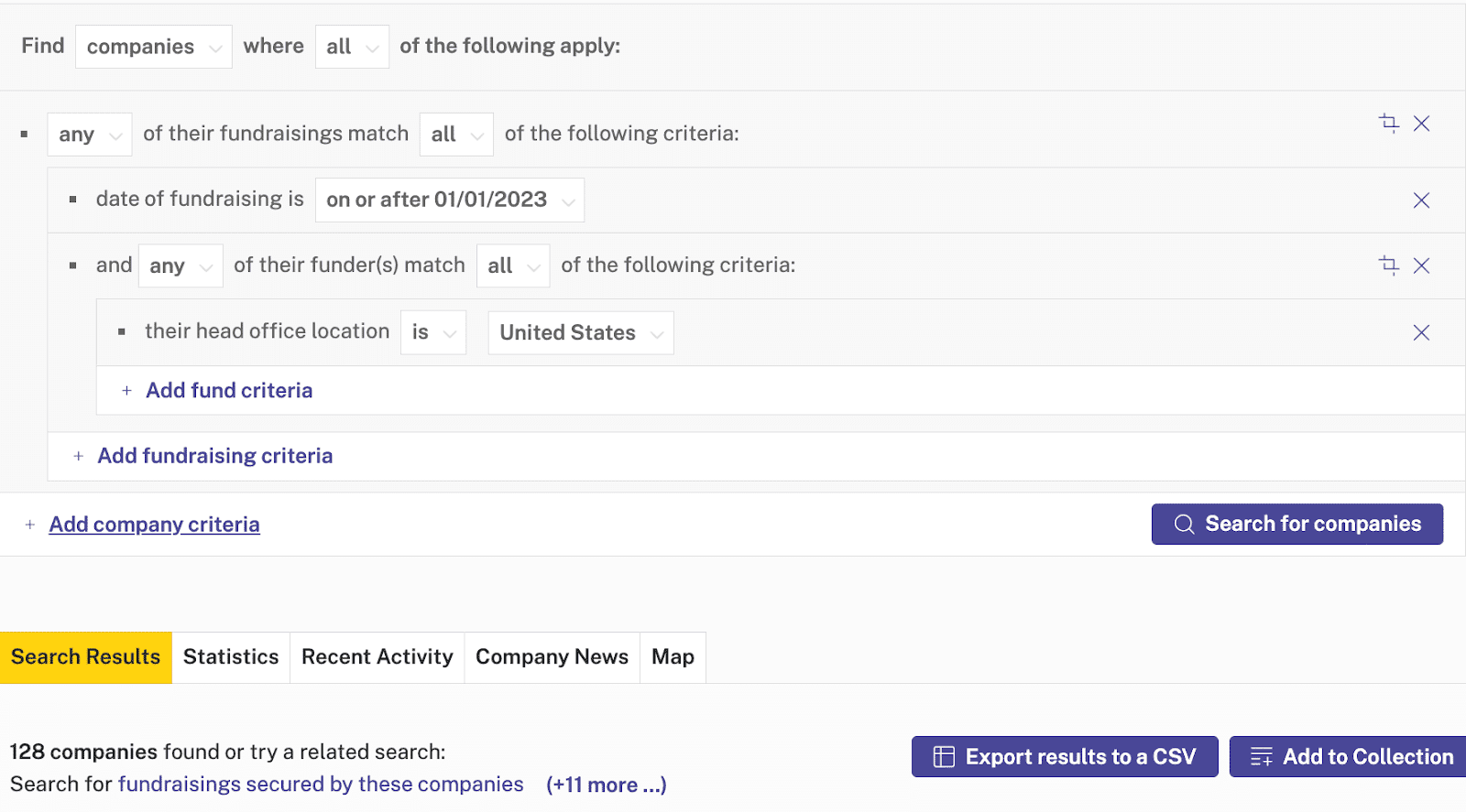 A search for UK companies looking to expand internationally on Beauhurst, a UK company database platform