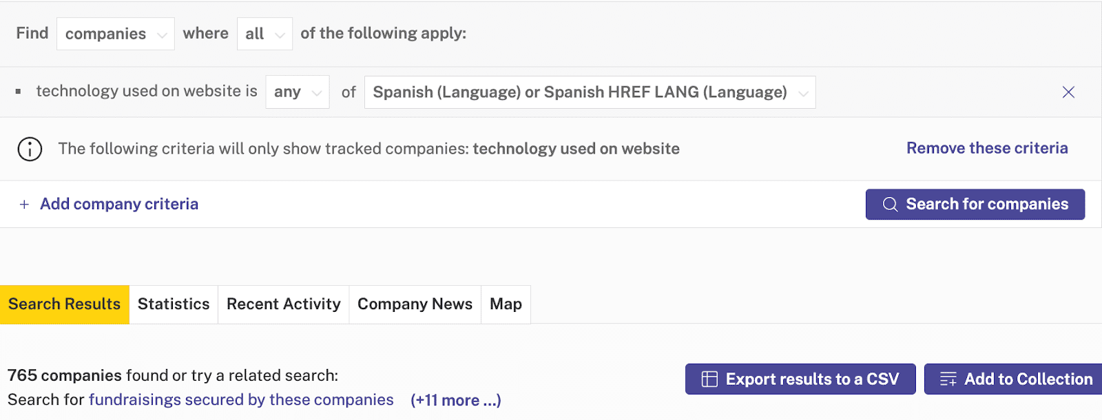 A search for UK companies looking to expand internationally on Beauhurst, a UK company database platform