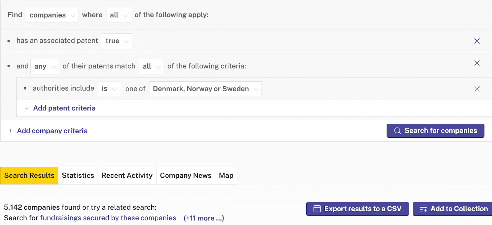 A search for UK companies looking to expand internationally on Beauhurst, a UK company database platform