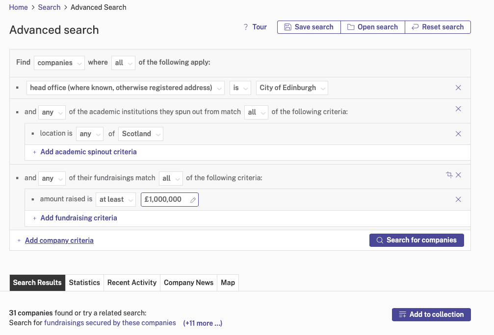 Advanced search: Company criteria search