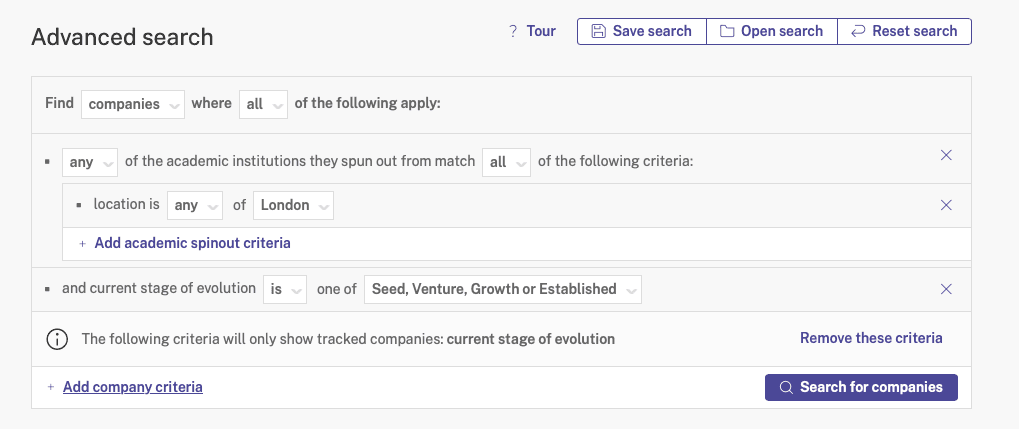 Advanced Search: Company Criteria Search "Academic Spinout"