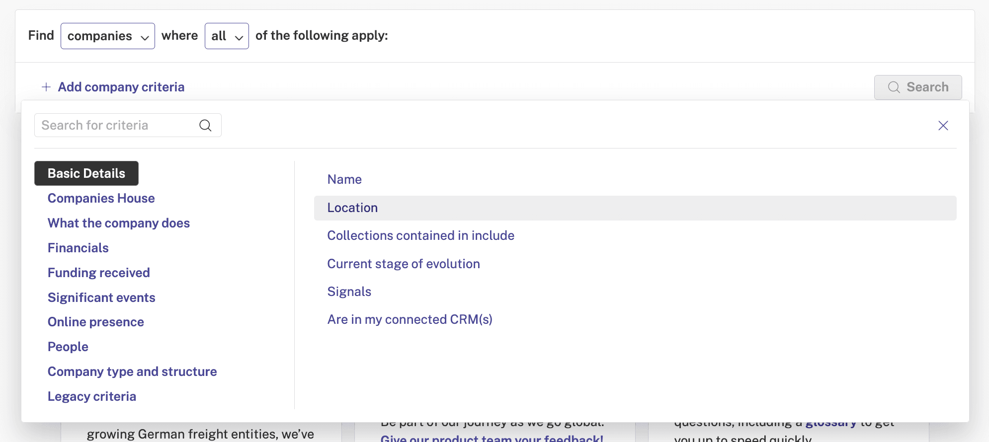 Screenshot of the Beauhurst platform showing how you can search across filters