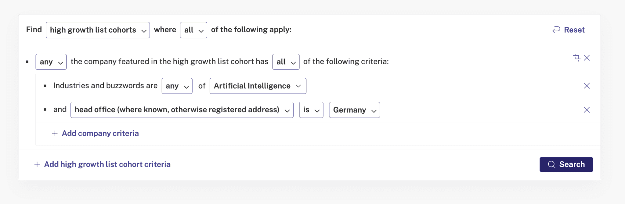 Screenshot of Beauhurst advanced search tool searching over German AI companies