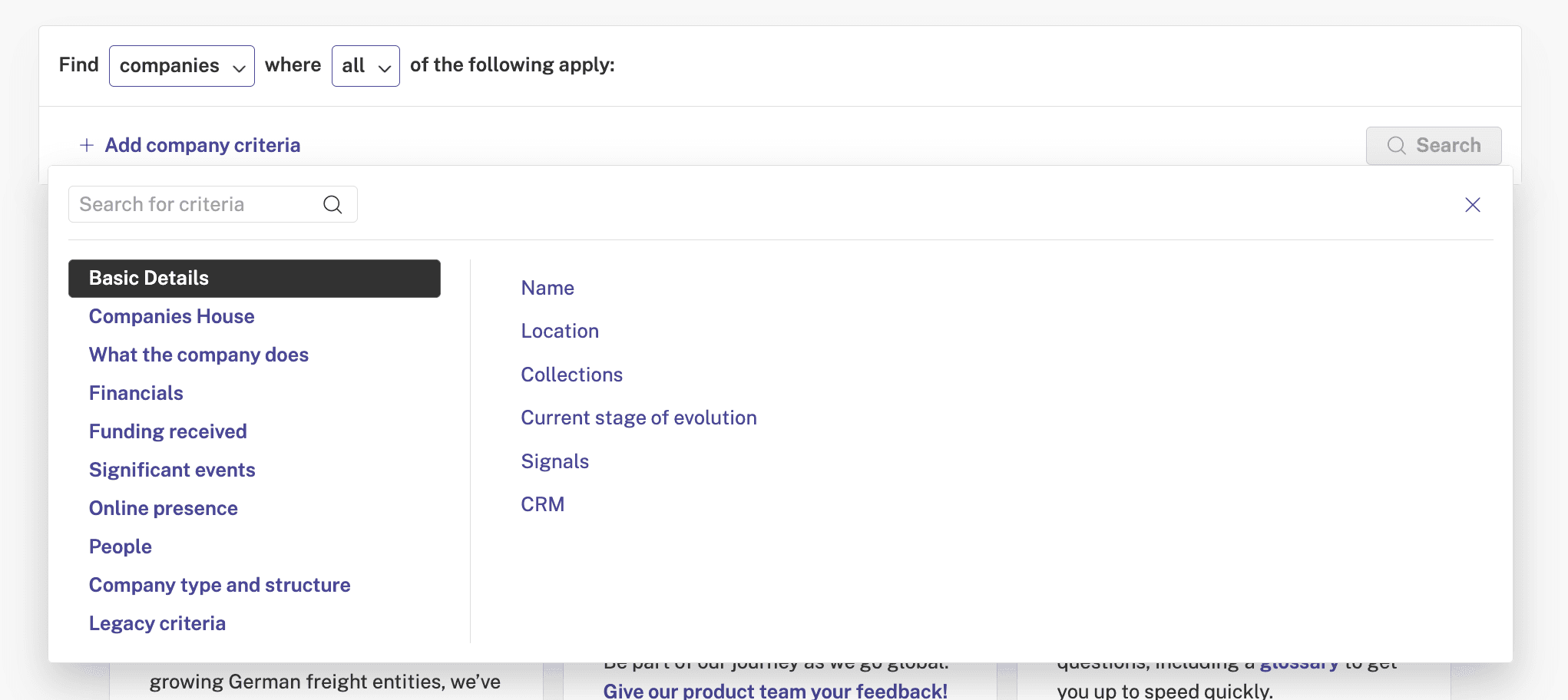 Screenshot of the Beauhurst advanced search filtering options