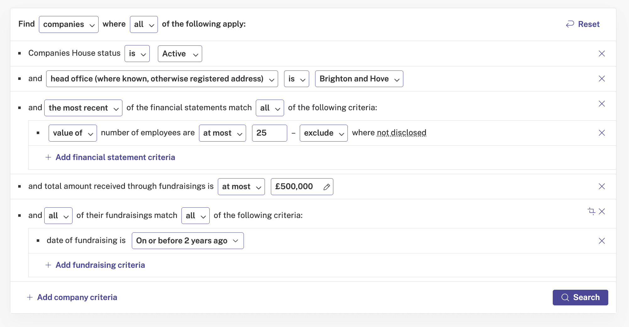 Screenshot of Beauhurst advanced search to find local startups to Brighton