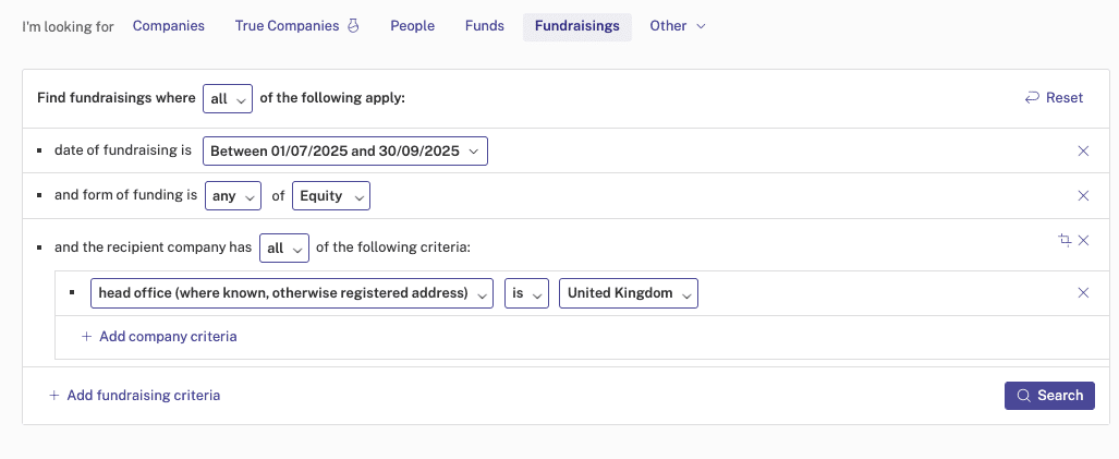 How to find Q3 2025 investment on Beauhurst